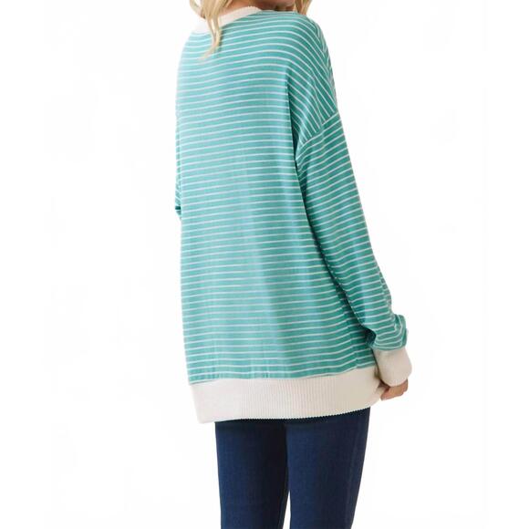 NEW 7TH RAY striped drop shoulder pullover in teal - Picture 2 of 5